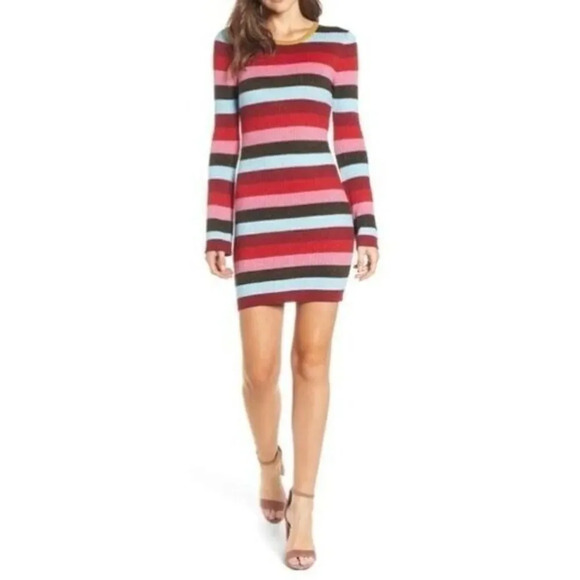 BlankNYC Red Striped Shimmer Long Sleeve Mini Sweater Dress S - Picture 1 of 5